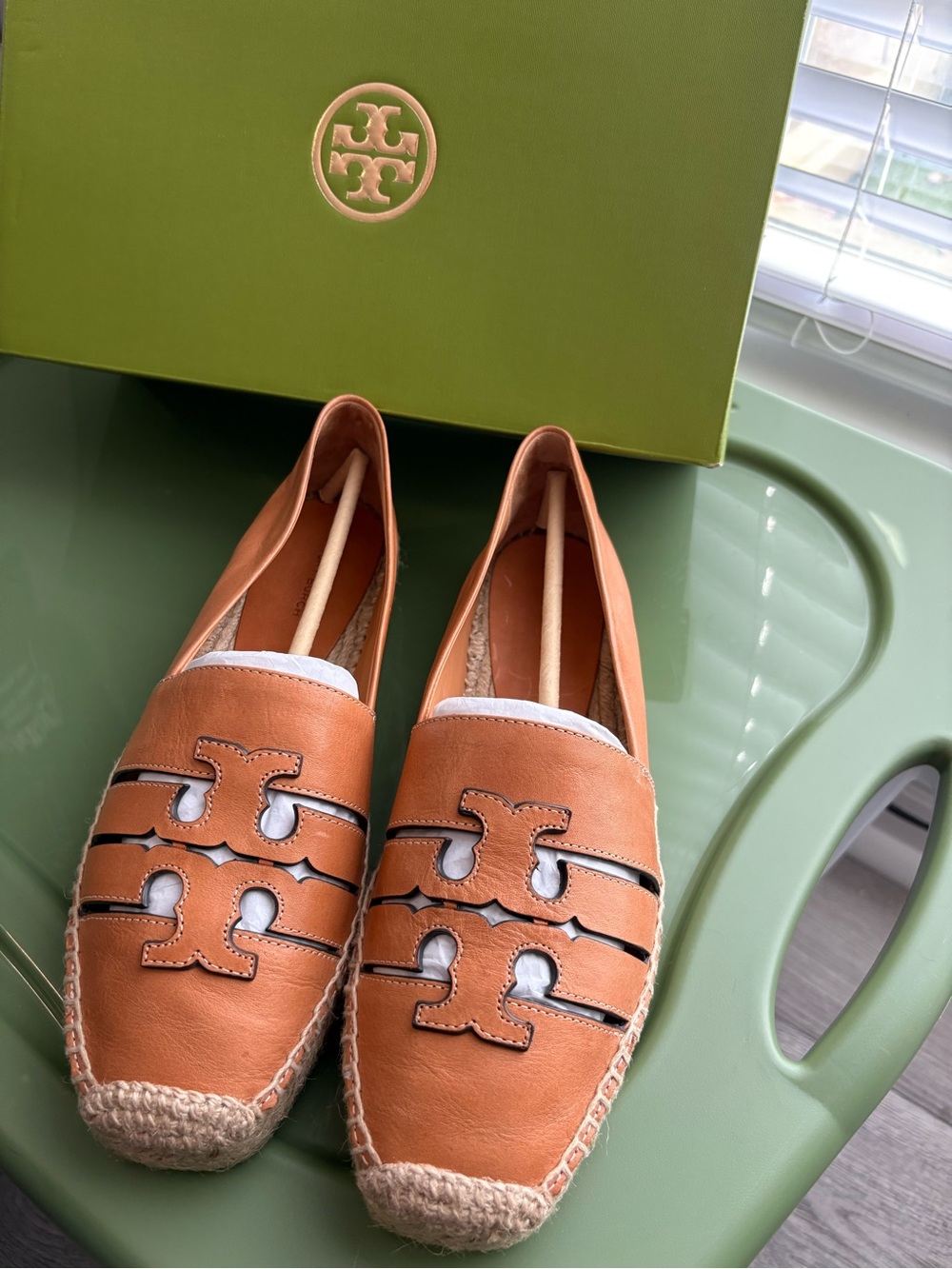 Tory Burch Ines Multi Strap Platform Espadrille Camello Vachetta Leather 9 Box